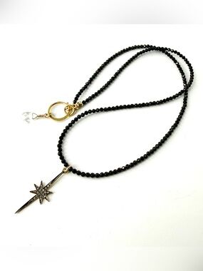 Black Spinel Necklace, Pave’ Diamond Sunburst Pendant